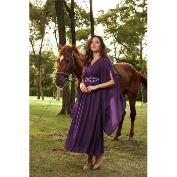 Women's Renaissance Costume Wrap V Neck Medieval Dress Purple - Picture 3 of 7